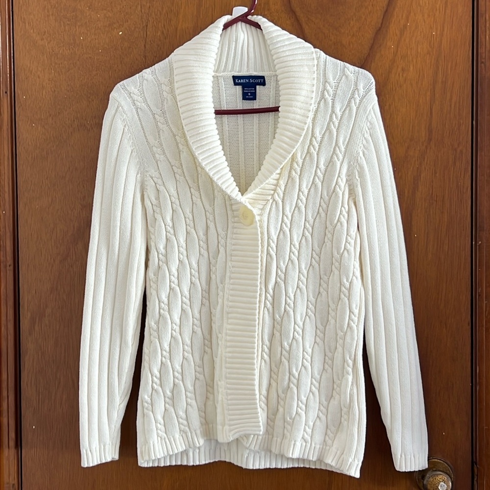 🌞 Karen Scott vintage 1 button white cardigan cable knit & ribbed women size S